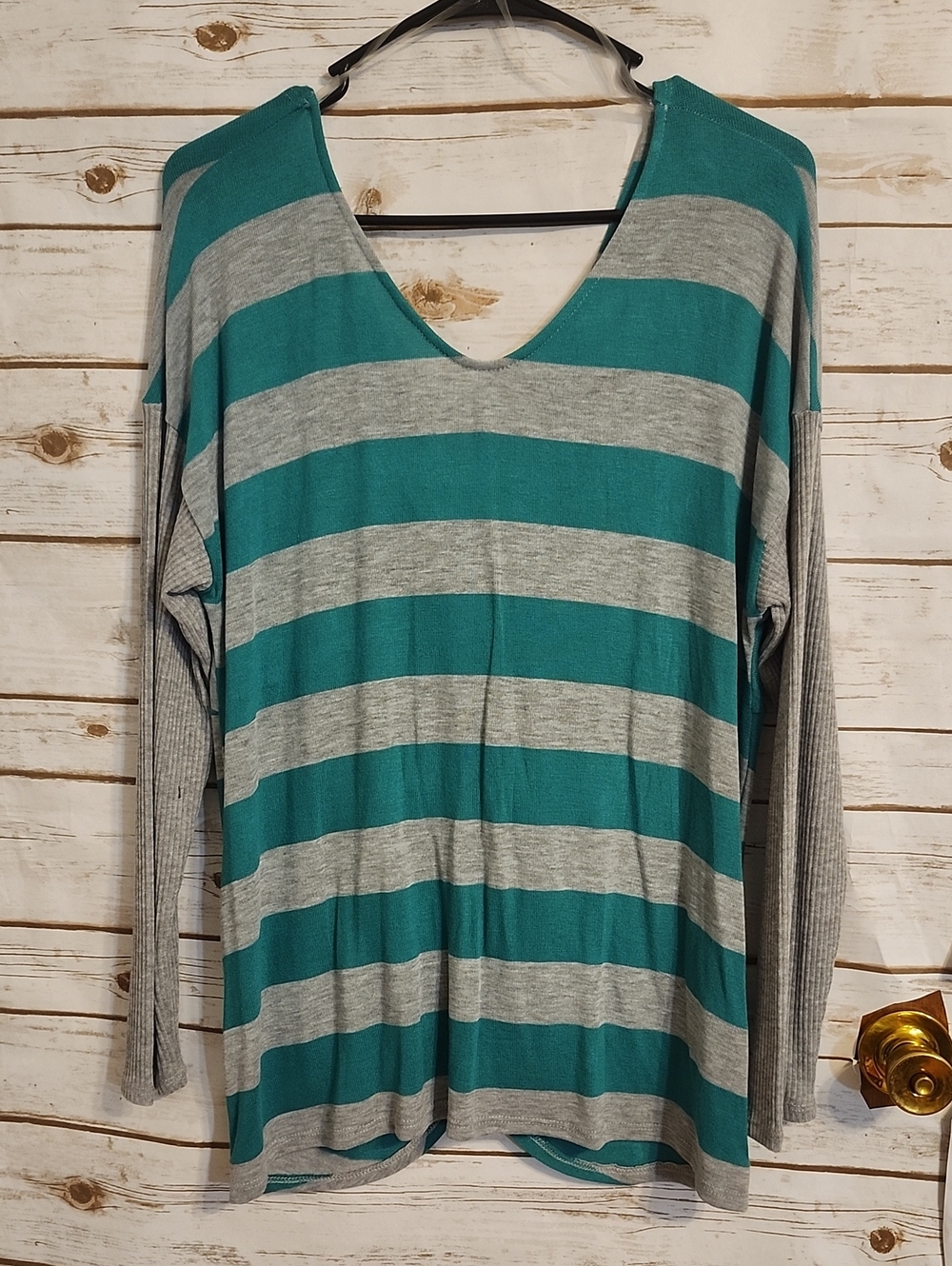 Striped Jade Green and Gray Women's Long Sleeve Top Twisted Back